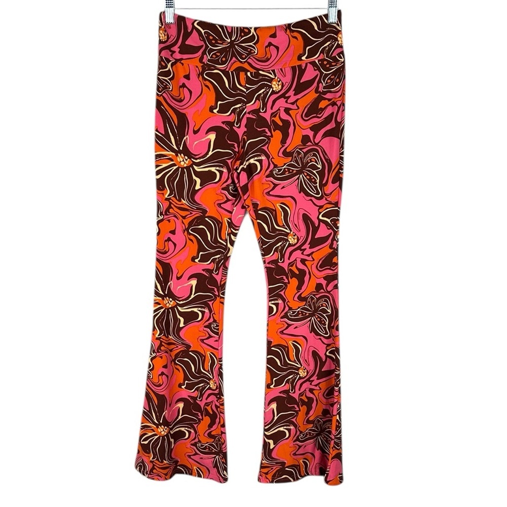 Boho 70's Groovy Brown Orange‎ Retro Floral Festival Wide Leg Flowy Pants Size L